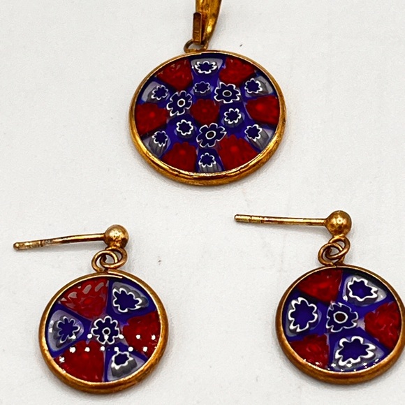 Murano Glass Millefiori Set Pendant & Earrings Pierced 24kt Gold Italy Red Blue - Picture 7 of 12